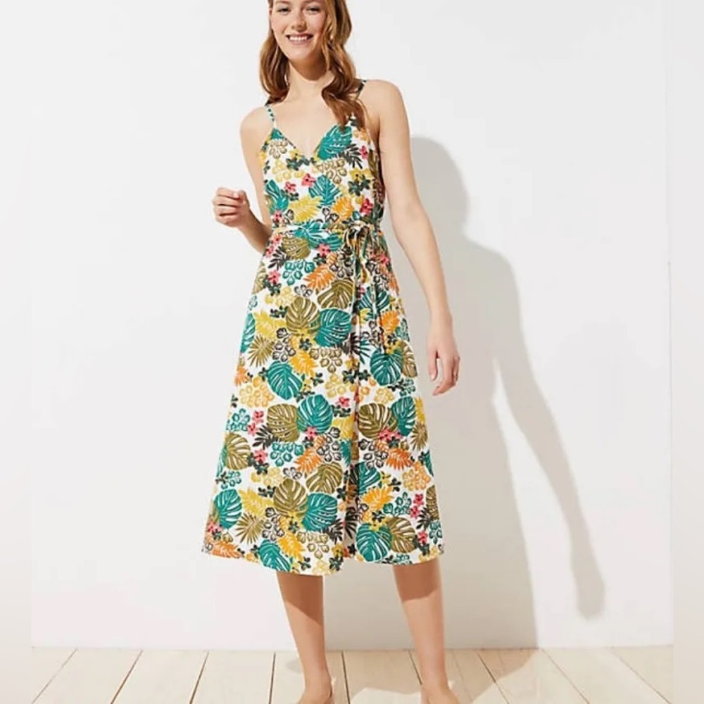 LOFT Beach Tropical Linen Blend Wrap Midi Dress NWT